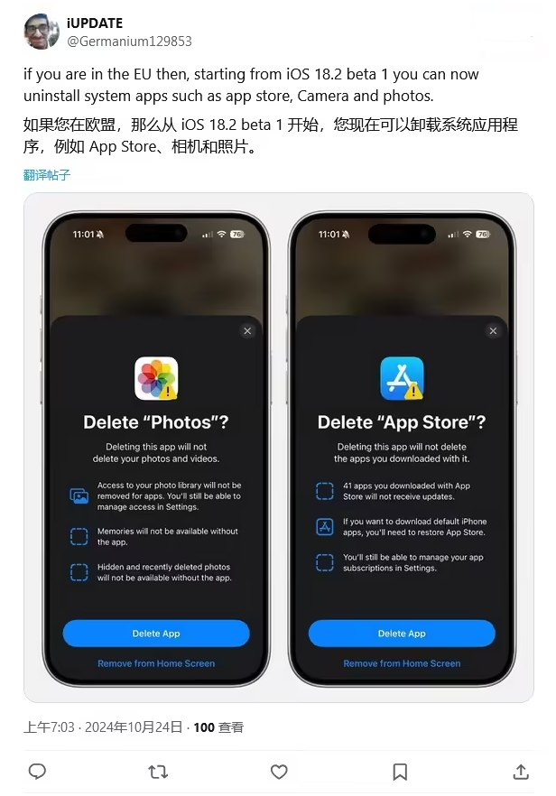 鲅鱼圈苹果手机维修分享iOS 18.2 支持删除 App Store 应用商店 