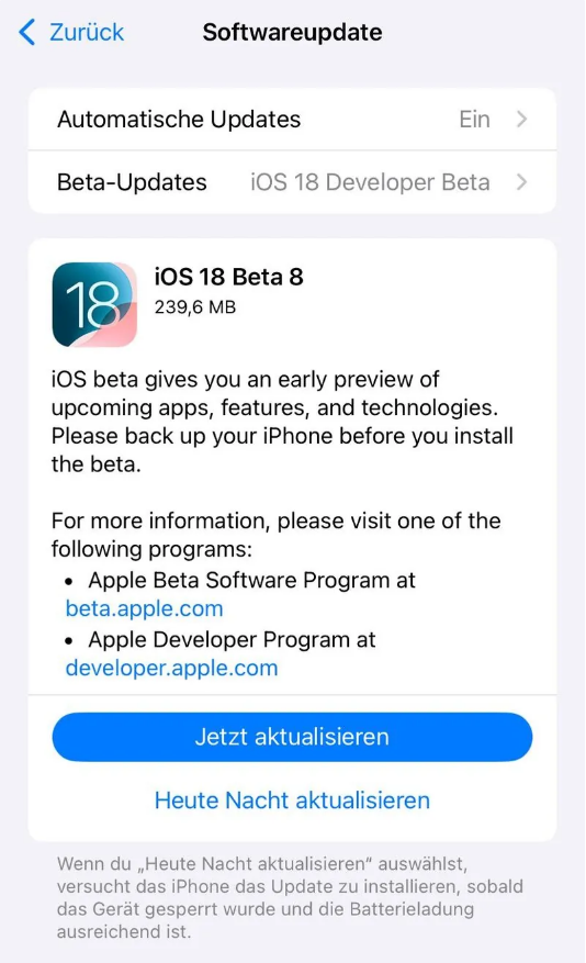 鲅鱼圈苹果手机维修分享苹果 iOS / iPadOS 18 开发者预览版 Beta 8 发布 